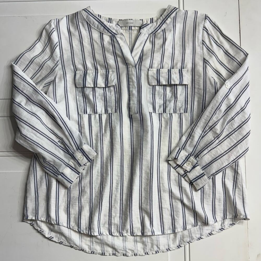 Intique Women’s Sz L White Black Striped Mandarin Collar 1/4 Button Blouse Top
